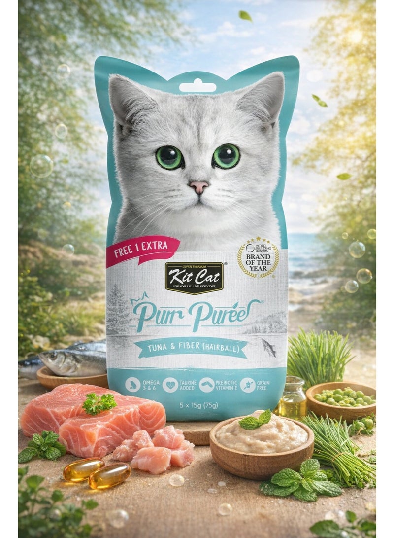 Purr Purée Plus+ Grain-Free Liquid Cat Treats with Tuna and Fiber for Hairball Control, Enriched with Omega 3 and 6, Taurine, and Vitamin E, Value Pack 5 x 15g with 1 Free Extra Sachet for All Life Stages.