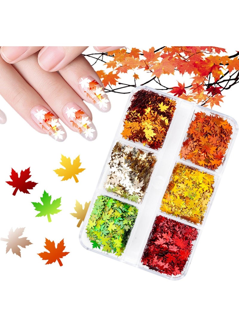 Kistreao - Fall Nail Art Glitter Thanksgiving Maple Leaf Nail Sequins 3D Holographic Nail Flakes Autumn Nail Supplies for Women Girls Acrylic Nail Decor DIY Crafts 6 Grids Orange Yellow Red Green - Image 1