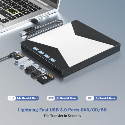 Wbacon أقراص بلو راي خارجية، محرك أقراص بلو راي محمول بدقة 4K، محرك حرق بلو راي USB 3.0 من نوع C، مشغل UHD BD مع منفذ SD/TF، محرك أقراص CD/DVD R/W 3D بلو راي، محرك أقراص بلو راي خارجي بدقة 4K متوافق مع ويندوز وماك أو إس ولابتوب - Image 2