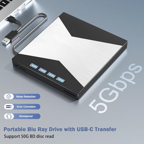 Wbacon أقراص بلو راي خارجية، محرك أقراص بلو راي محمول بدقة 4K، محرك حرق بلو راي USB 3.0 من نوع C، مشغل UHD BD مع منفذ SD/TF، محرك أقراص CD/DVD R/W 3D بلو راي، محرك أقراص بلو راي خارجي بدقة 4K متوافق مع ويندوز وماك أو إس ولابتوب - Image 4