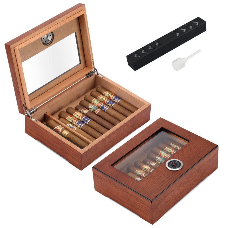 TISFA Cigar Humidor, Glass Top Cigar Box with Hygrometer Humidifier and Divider, Desktop Cedar Wood Storage Case Holds 20-30 Cigars - Image 1