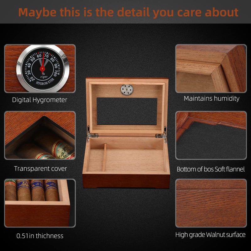 TISFA Cigar Humidor, Glass Top Cigar Box with Hygrometer Humidifier and Divider, Desktop Cedar Wood Storage Case Holds 20-30 Cigars - Image 2