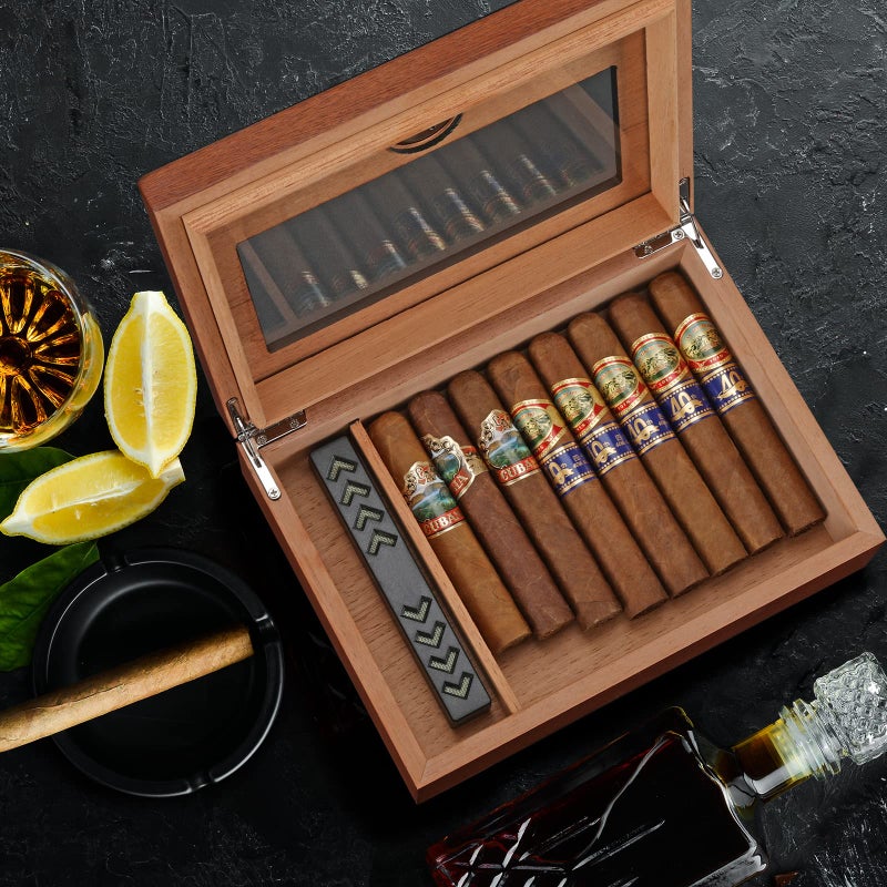 TISFA Cigar Humidor, Glass Top Cigar Box with Hygrometer Humidifier and Divider, Desktop Cedar Wood Storage Case Holds 20-30 Cigars - Image 5