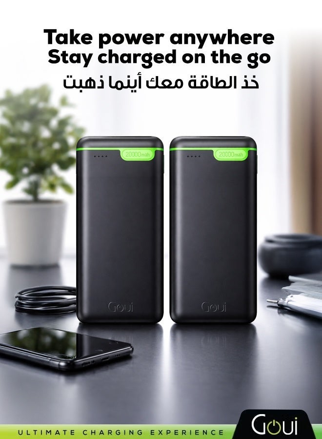 جوي كيقو باور بانك 20,000 ملي أمبير (عبوة من قطعتين) | ثلاثي المخارج (منفذان Type-C + منفذ USB-A) | تصميم مدمج و صغير الحجم يدعم الشحن المتزامن للهواتف الذكية والأجهزة اللوحية وأجهزة الألعاب وسماعات البلوتوث والمزيد | تصميم مناسب للسفر لتوفير الطاقة أثناء التنقل – باللون الأسود - Image 3