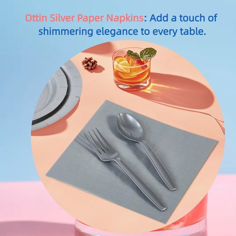 Ottin Solid Silver Paper Dinner Napkins 6.5'' Disposable Luncheon Napkins 50 Count for Birthday Wedding Party Everyday Lunch Dinner Event New Year - Image 3