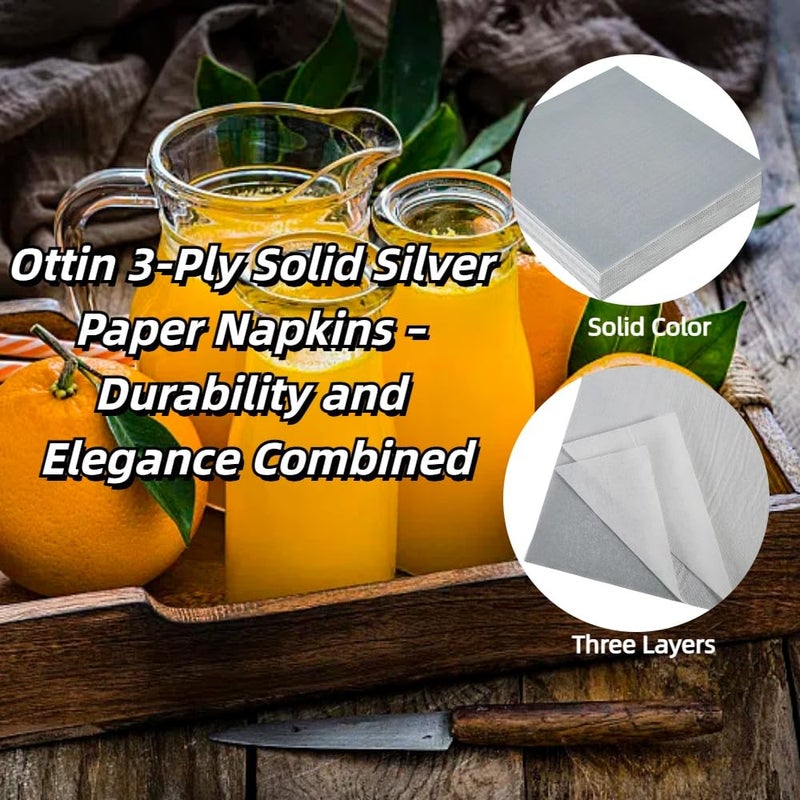 Ottin Solid Silver Paper Dinner Napkins 6.5'' Disposable Luncheon Napkins 50 Count for Birthday Wedding Party Everyday Lunch Dinner Event New Year - Image 2