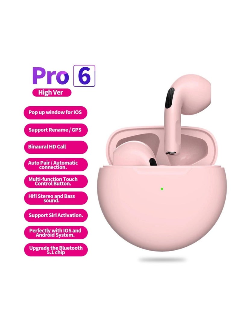 DIGI CORE - Pro 6 TWS True Wireless Headphones Bluetooth Earphone Earbuds Bass Headset Wireless Earbuds In-Ear Earbuds Lightweight Bluetooth 5.0 Headphones With Mic Multimode Headphone (Pink) - Image 1