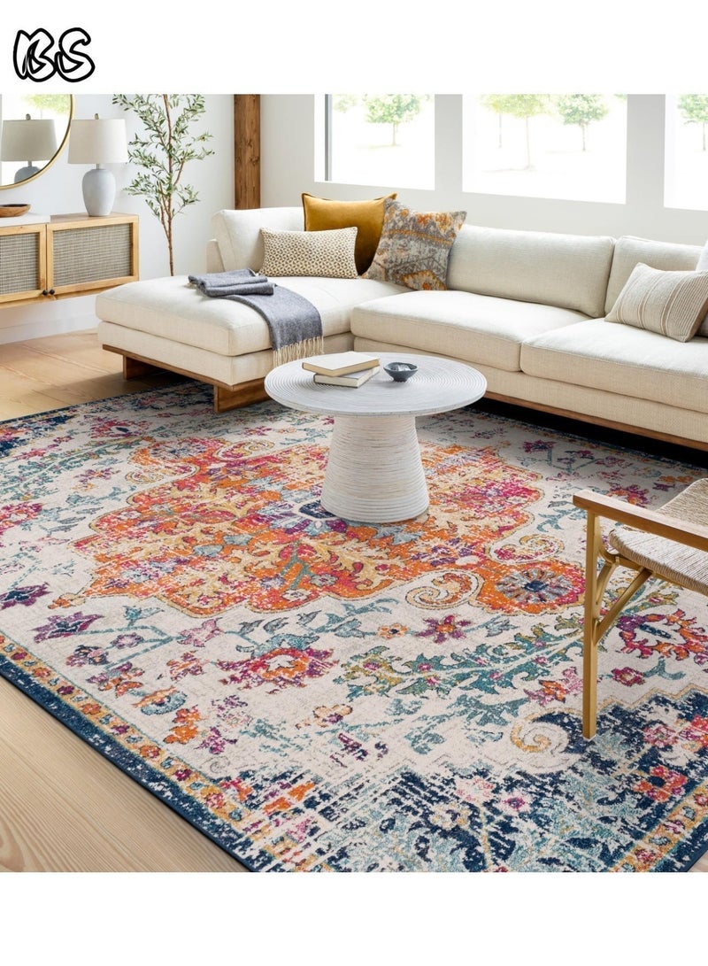 BS 140x200cm Bohemian Vintage Style Indoor Living Room/Outdoor Camping Blanket | Washable, Durable, Non-Slip Rug | Short Pile Indoor Carpet | Vibrant Colors | Exquisite Pattern | Soft Short Pile | Perfect for Camping, Patio, Living Room, Bedroom, Dining Room, Kitchen and Entryway. - Image 2