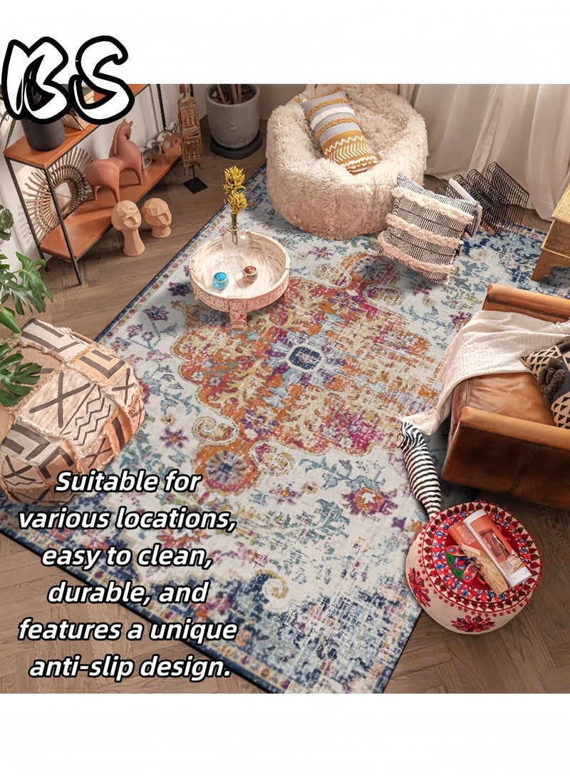 BS 140x200cm Bohemian Vintage Style Indoor Living Room/Outdoor Camping Blanket | Washable, Durable, Non-Slip Rug | Short Pile Indoor Carpet | Vibrant Colors | Exquisite Pattern | Soft Short Pile | Perfect for Camping, Patio, Living Room, Bedroom, Dining Room, Kitchen and Entryway. - Image 1
