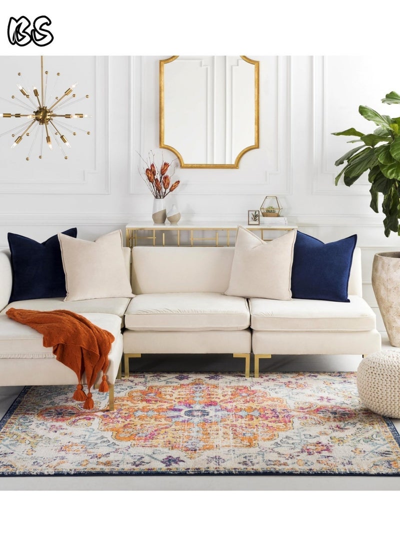 BS 140x200cm Bohemian Vintage Style Indoor Living Room/Outdoor Camping Blanket | Washable, Durable, Non-Slip Rug | Short Pile Indoor Carpet | Vibrant Colors | Exquisite Pattern | Soft Short Pile | Perfect for Camping, Patio, Living Room, Bedroom, Dining Room, Kitchen and Entryway. - Image 4