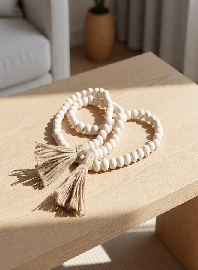MAOBUYOU Farmhouse Beads 58in Wood Bead Garland with Tassels, Rustic Country Boho Wall Hanging Decor, Prayer Beads - Image 3