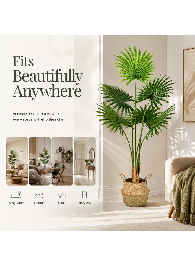 Sinyin Large Artificial Fan Palm Tree with Woven Basket, Realistic Faux Livistona Palm Plant for Indoor Home Decor, Decorative Tropical Floor Plant for Living Room Office Hotel - Image 2