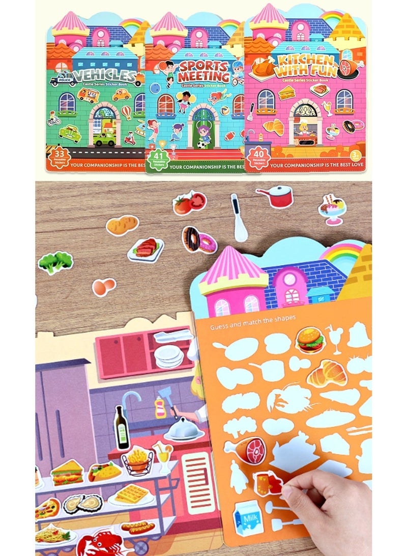 3-Pack Portable Jelly Quiet Books for Toddlers 3-6,Enlightenment Puzzle Cognitive Paste Book，Reusable Stickers, Quiet Busy Book Preschool Learning Activities Travel Toys for Girls Boys Ages 3-6, Kitchen, Vehicles & Sports Themes - Image 2