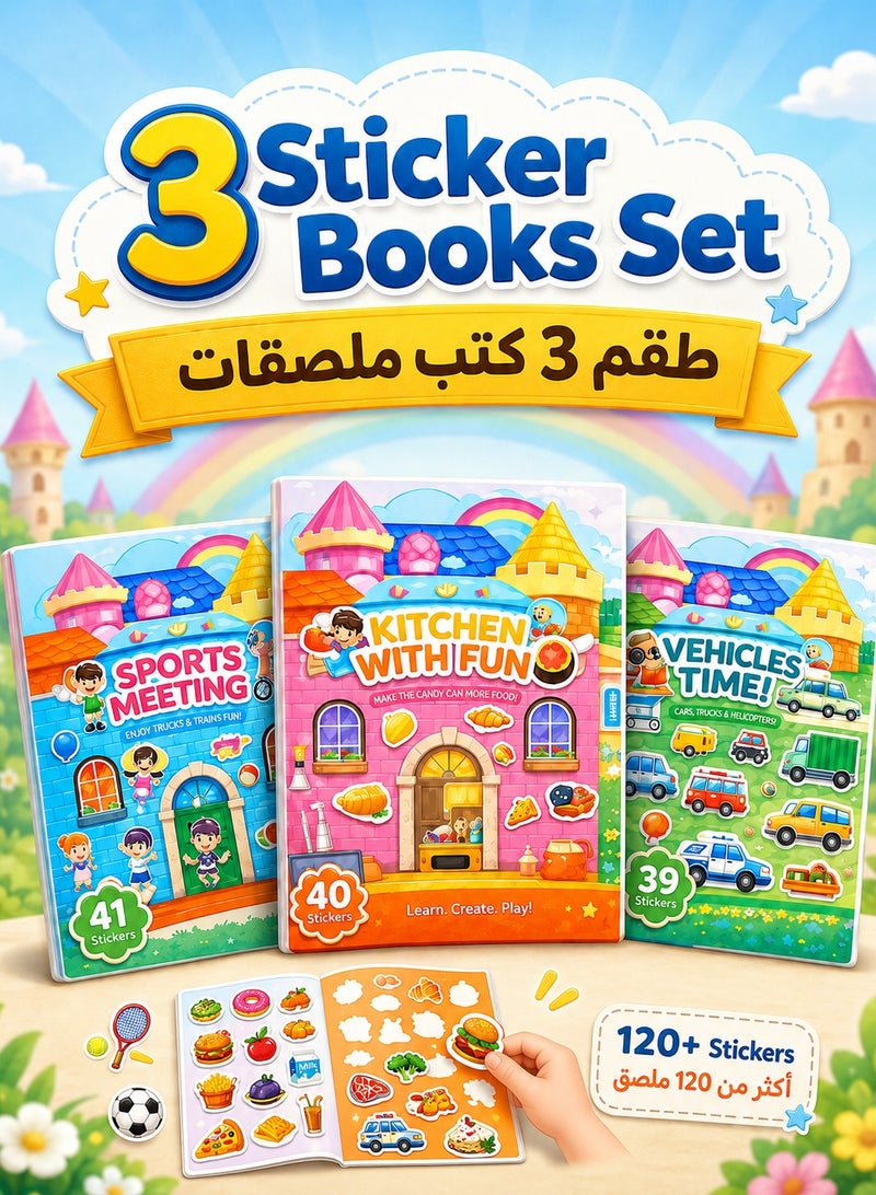 مجموعة 3 كتب ملصقات للأطفال، لعبة تعليمية للأطفال مع أكثر من 120 ملصقاً قابلاً لإعادة الاستخدام، كتب تعليمية لمرحلة ما قبل المدرسة للبنات والأولاد - Image 1