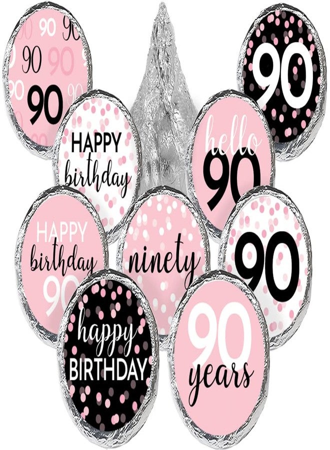 DISTINCTIVS Pink, Black, and White 90th Birthday Party Favor Chocolate Kisses Candy Stickers - 180 Count, 90th Birthday Decorations for Women - Image 1