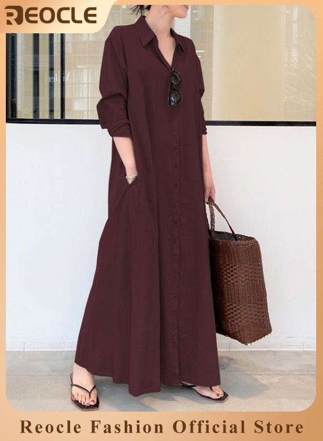 REOCLE Women's Shirt Dress with Basic Loose Fit Solid Color Long Sleeved Simple Casual Long Dress Slim Dress with Pockets  - Image 1