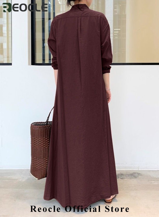 REOCLE Women's Shirt Dress with Basic Loose Fit Solid Color Long Sleeved Simple Casual Long Dress Slim Dress with Pockets  - Image 2