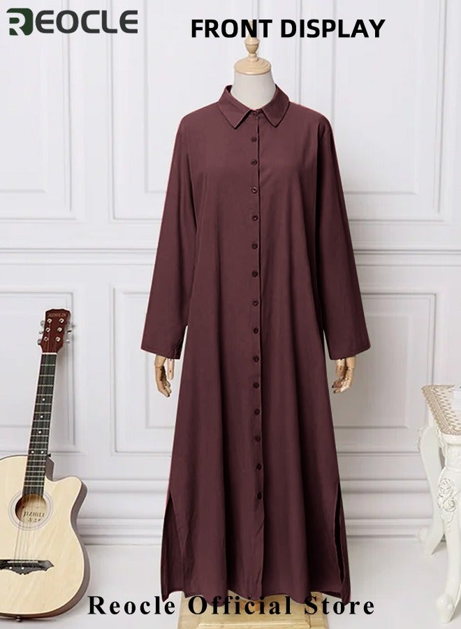 REOCLE Women's Shirt Dress with Basic Loose Fit Solid Color Long Sleeved Simple Casual Long Dress Slim Dress with Pockets  - Image 4