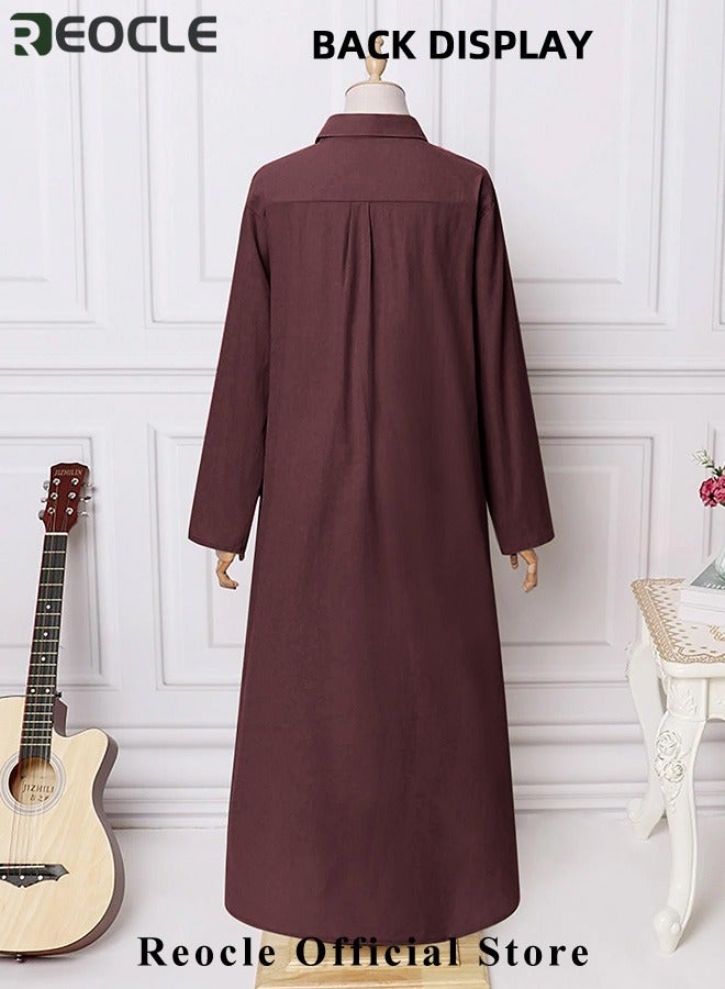 REOCLE Women's Shirt Dress with Basic Loose Fit Solid Color Long Sleeved Simple Casual Long Dress Slim Dress with Pockets  - Image 5