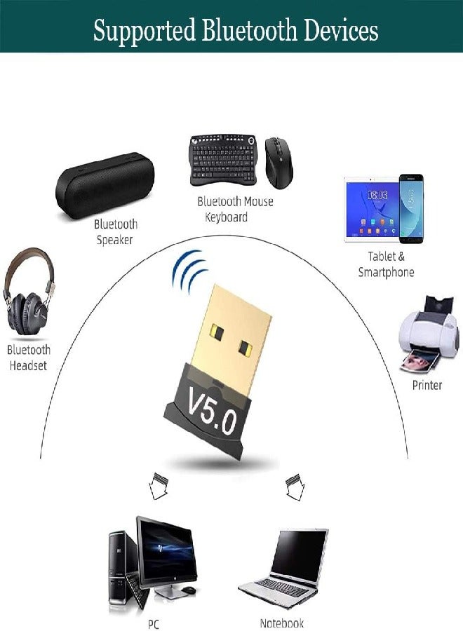 USB 5.0 Bluetooth Wireless Adapter for PC, Laptop, Mouse, Keyboard, Printers, Headphones, Speakers - Black  - Image 2