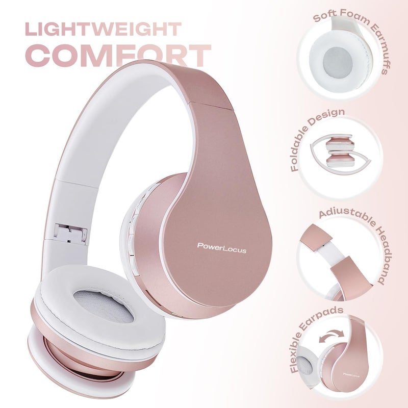 PowerLocus Wireless Bluetooth Over-Ear Stereo Foldable Headphones, Wired Headsets with Built-in Microphone for iPhone, Samsung, LG, iPad (Rose Gold) - Image 2