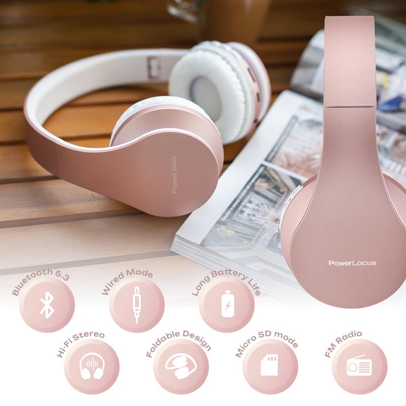 PowerLocus Wireless Bluetooth Over-Ear Stereo Foldable Headphones, Wired Headsets with Built-in Microphone for iPhone, Samsung, LG, iPad (Rose Gold) - Image 5