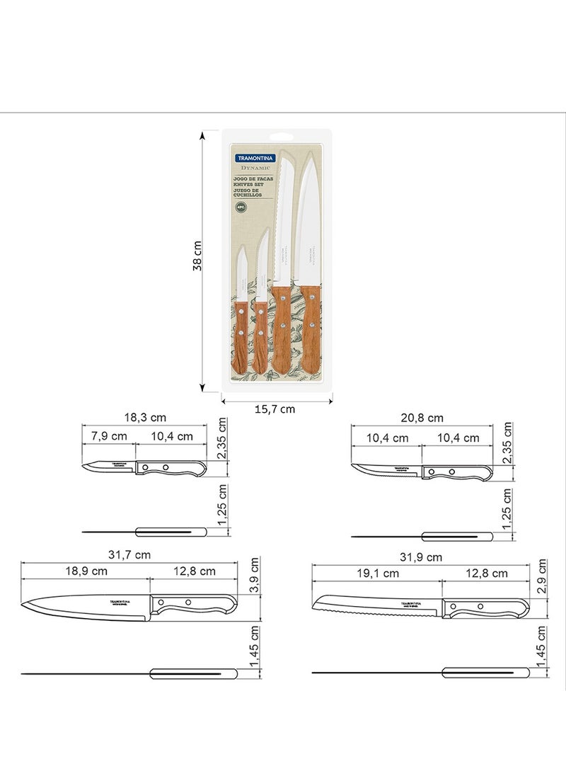 TRAMONTINA - Since 1911,Made in Brazil- Dynamic 4 Pieces Knife Set with Stainless Steel Blade and Natural Wood Handle - Image 1