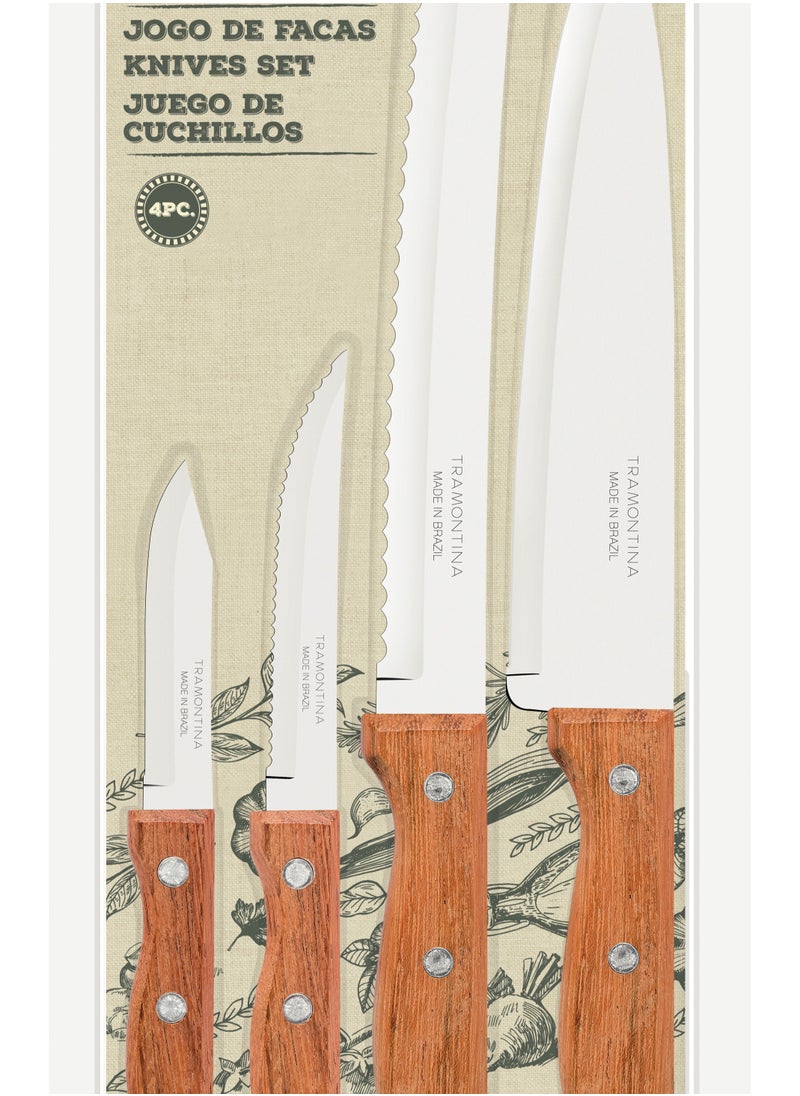 TRAMONTINA - Since 1911,Made in Brazil- Dynamic 4 Pieces Knife Set with Stainless Steel Blade and Natural Wood Handle - Image 1