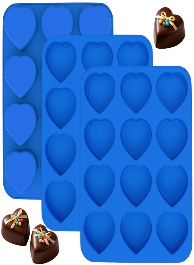PLUVAVA 3 Pieces Heart Silicone Molds 12 Cavities Heart Shaped Chocolate Mold Non-Stick Baking Valentines Silicone Molds for Making Soap Chocolate Jelly Candy (Blue) - Image 1