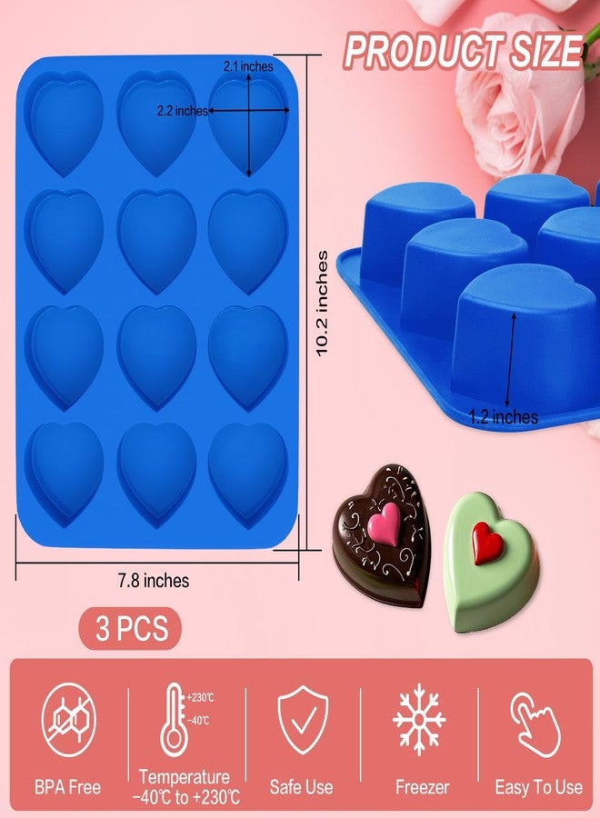 PLUVAVA 3 Pieces Heart Silicone Molds 12 Cavities Heart Shaped Chocolate Mold Non-Stick Baking Valentines Silicone Molds for Making Soap Chocolate Jelly Candy (Blue) - Image 2