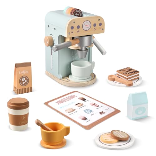 Pithfor Kids Wooden Coffee Maker Toy Wooden Play Kitchen Appliances Accessories Toy for Kids Toddlers Gift for Girls Boys - Image 1