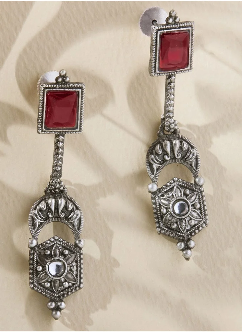 Priyaasi Contemporary Oxidised Ruby Stone Studded Drop Earrings