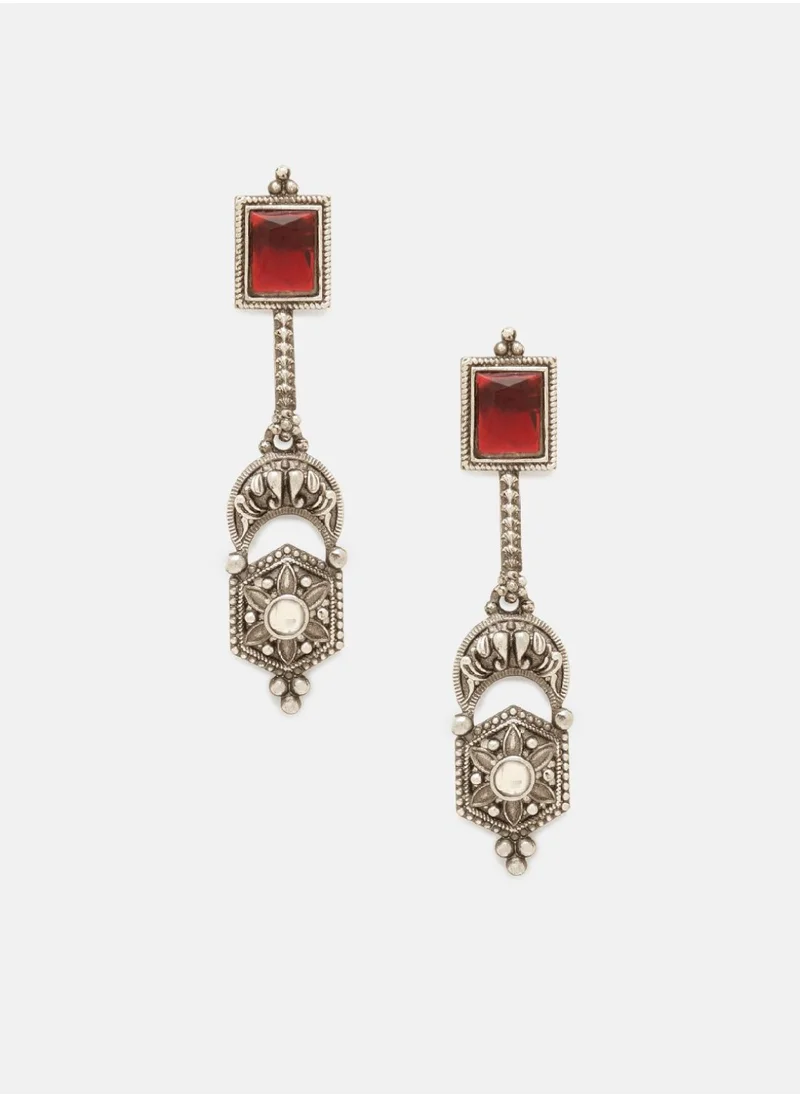 Priyaasi Contemporary Oxidised Ruby Stone Studded Drop Earrings