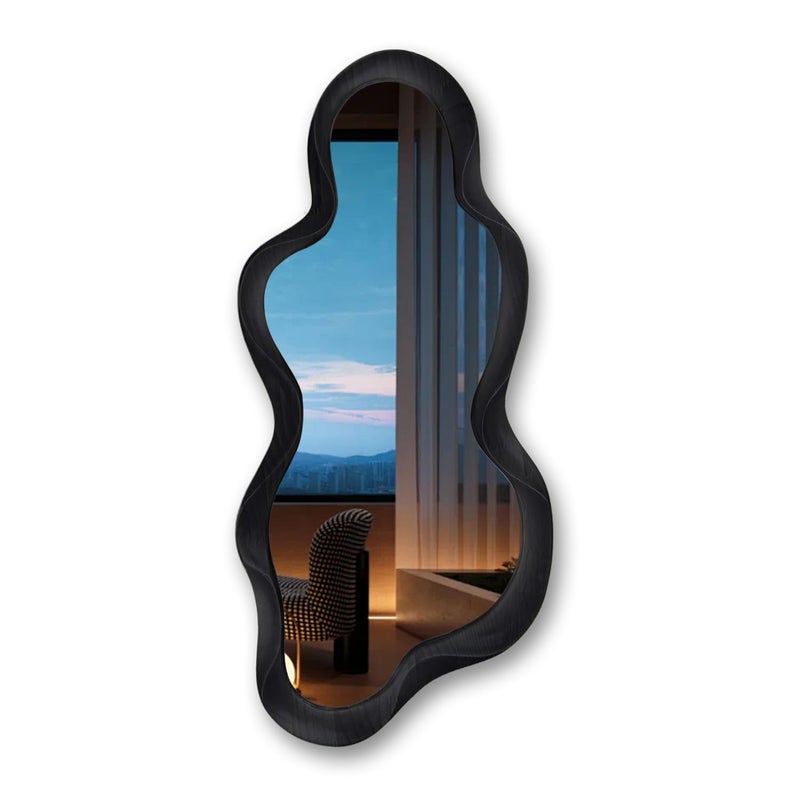 osemy 30x 14 Irregular Wall Mirror Wooden Black Framed Wall Asymmetrical Wavy Mirror for Living Room Bedroom Entryway Bathroom Modern Decorative with Hanging Hooks