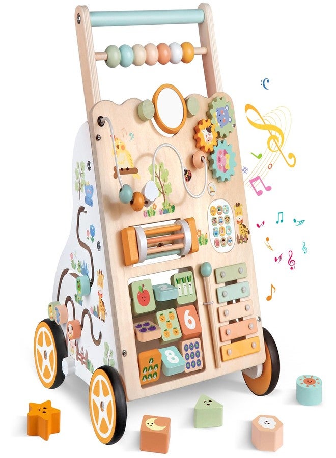 Weilim Wooden Baby Walker with Wheels, Push Walker with Baby Activity Center, Montessori Walking Toy for Girls Boys, Ajustable Speed & Height Activity Toy for Toddler Learning to Walk - Image 1