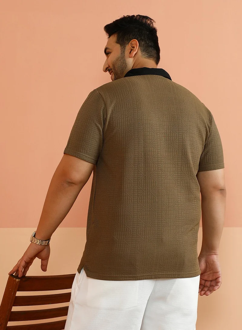 Instafab Plus Instafab Plus Men's Olive Green Oblique-Block Polo T-Shirt For Casual Wear | Polo Neck | Short Regular Sleeves | Half-Zip Closure | Plus Size T-Shirt Crafted With Comfort Fit For Everyday Wear