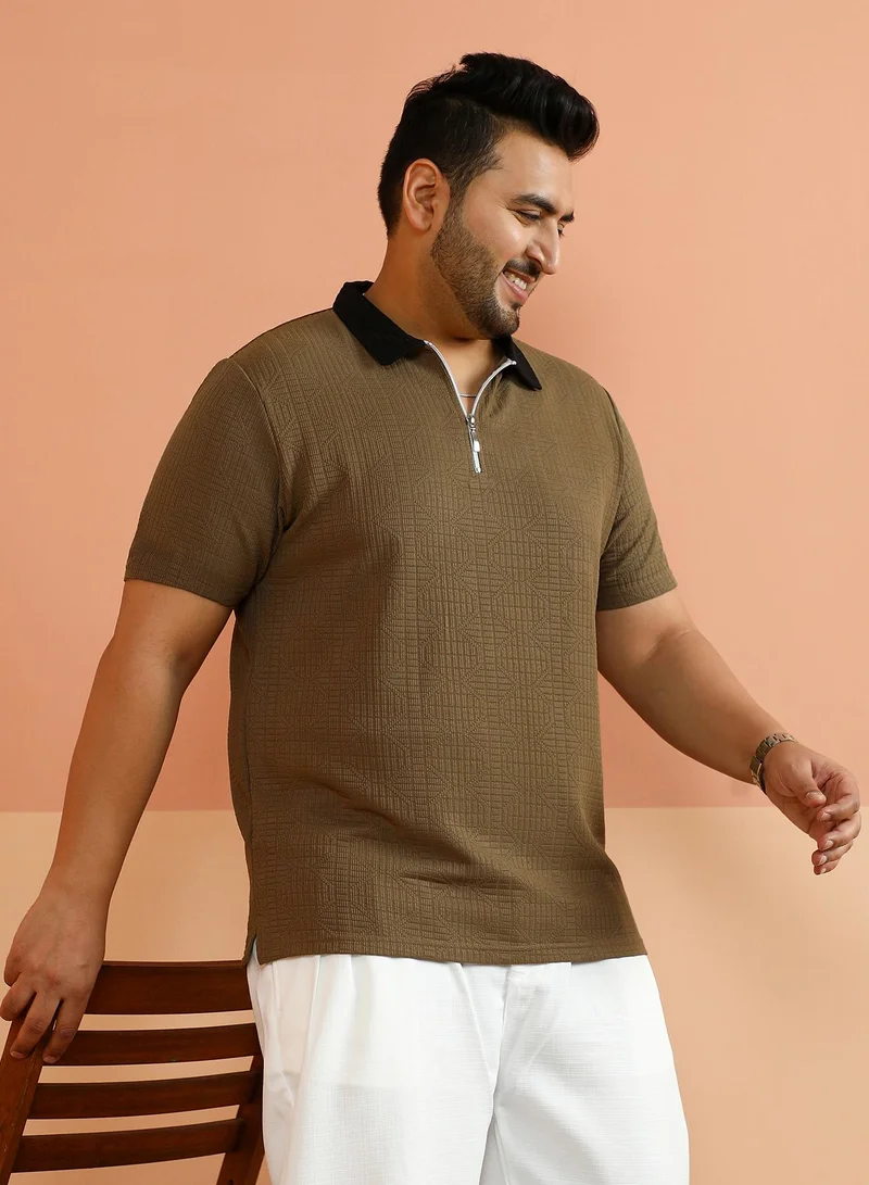Instafab Plus Instafab Plus Men's Olive Green Oblique-Block Polo T-Shirt For Casual Wear | Polo Neck | Short Regular Sleeves | Half-Zip Closure | Plus Size T-Shirt Crafted With Comfort Fit For Everyday Wear