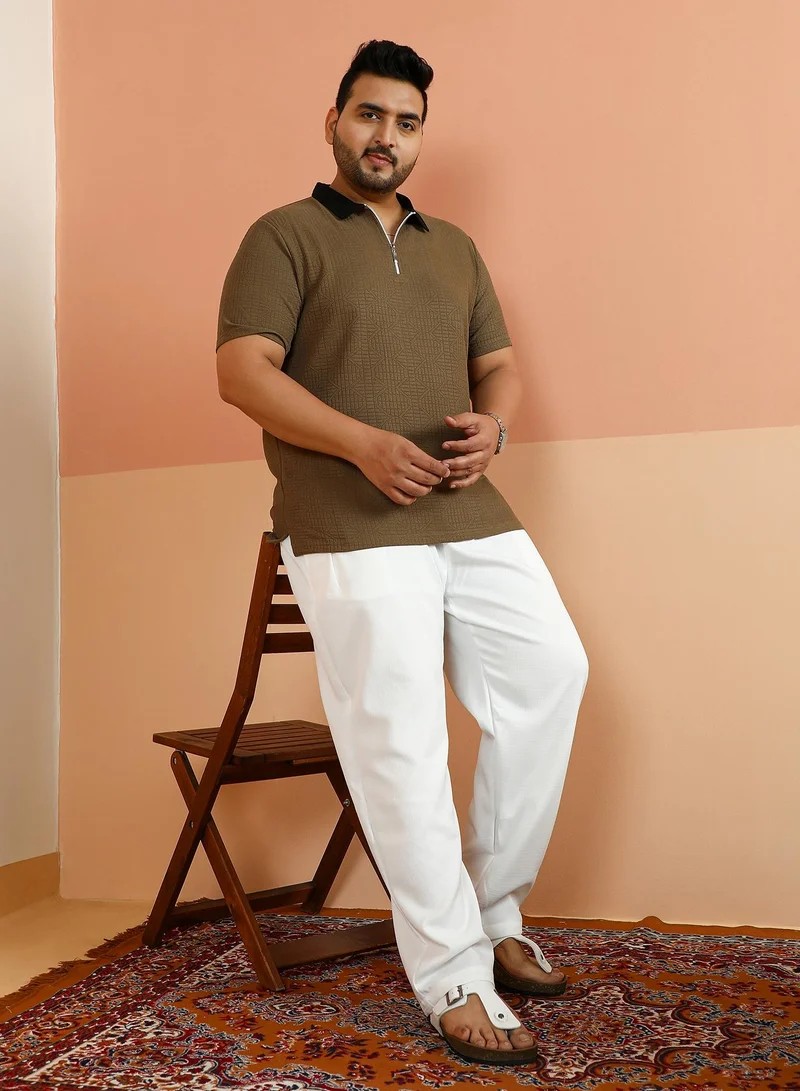 Instafab Plus Instafab Plus Men's Olive Green Oblique-Block Polo T-Shirt For Casual Wear | Polo Neck | Short Regular Sleeves | Half-Zip Closure | Plus Size T-Shirt Crafted With Comfort Fit For Everyday Wear