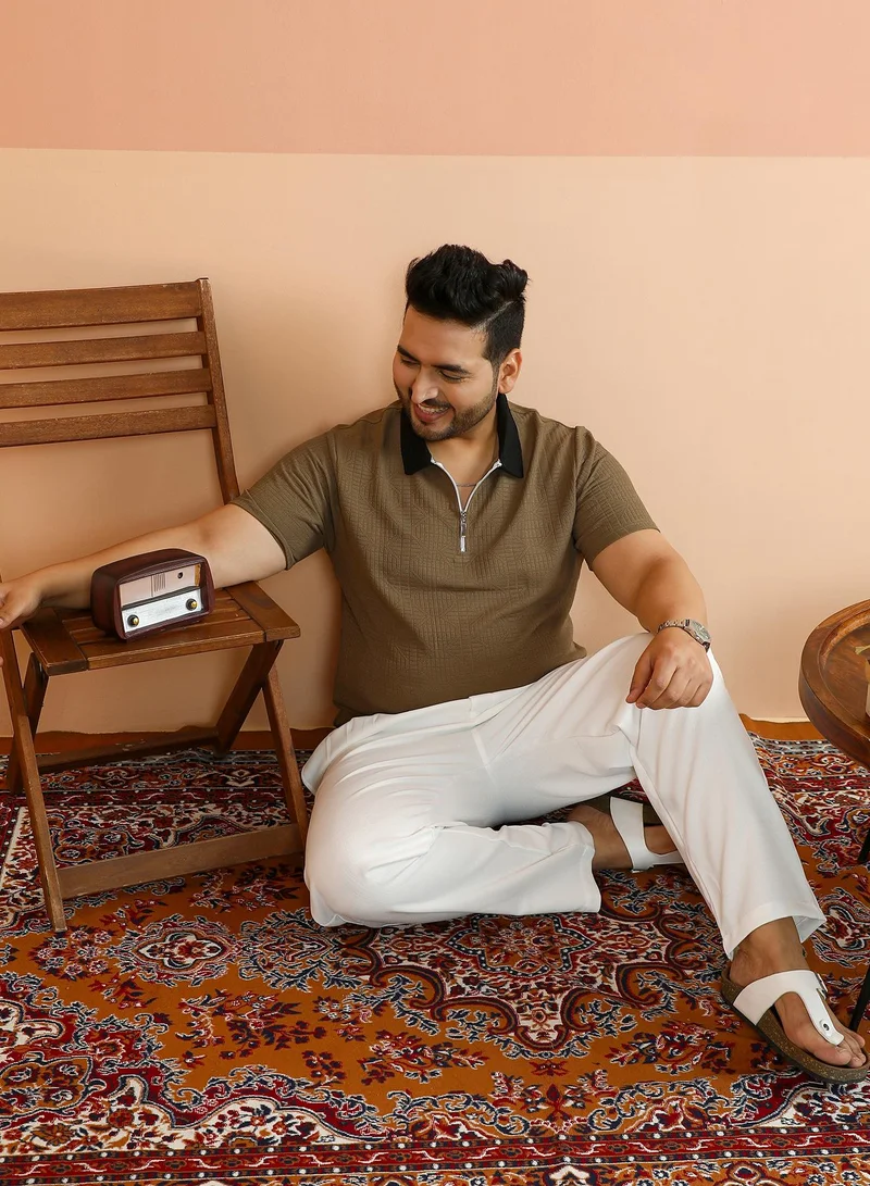Instafab Plus Instafab Plus Men's Olive Green Oblique-Block Polo T-Shirt For Casual Wear | Polo Neck | Short Regular Sleeves | Half-Zip Closure | Plus Size T-Shirt Crafted With Comfort Fit For Everyday Wear