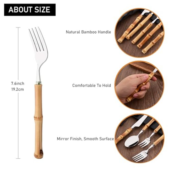 Uniturcky Dinner Fork Set, 8-Piece Natural Bamboo Forks, 18/8 Stainless Steel with Bamboo Handle, Silver Mirror Finish, Unique Design, 8.27 Inch - Image 5