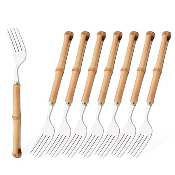 Uniturcky Dinner Fork Set, 8-Piece Natural Bamboo Forks, 18/8 Stainless Steel with Bamboo Handle, Silver Mirror Finish, Unique Design, 8.27 Inch - Image 1