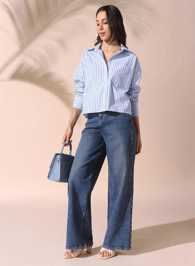 Women'S Light Blue 100% Cotton Striped Button Down Relaxed Shirt