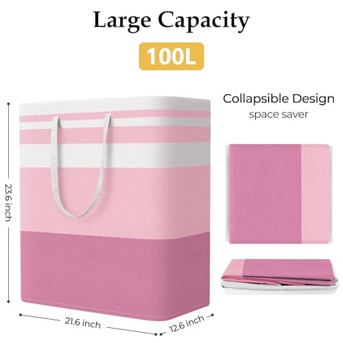 StorageRight Large Collapsible Laundry Basket Hamper with Easy Carry HandlesFreestanding Clothes Hampers for Laundry Bedroom Dorm Towels Toys 100L Pink - Image 3