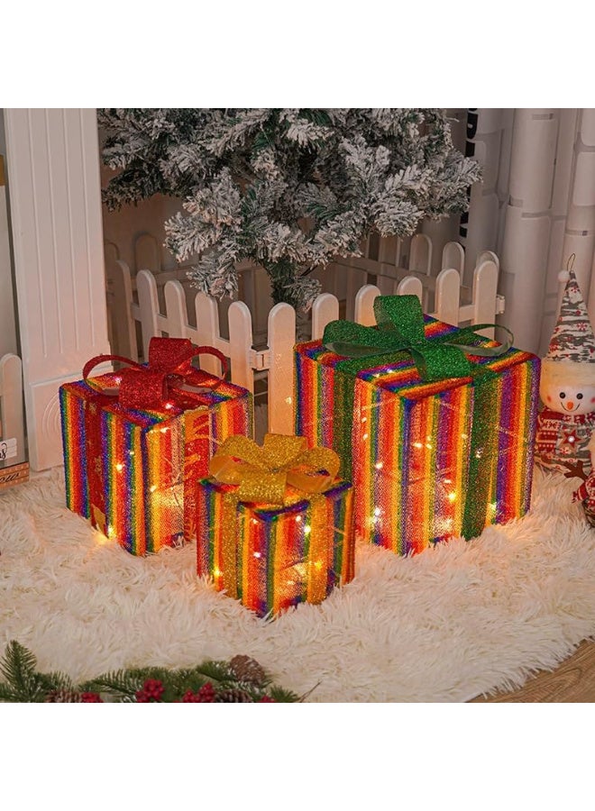 AUTOYSUR Christmas Lighted Gift Boxes, Set of 3 Light Up Gift Boxes for Christmas Tree, Outdoor Lighted Xmas Decorations 8 Flashing Modes Present Boxes Xmas Lighted Outdoor Display (Rainbow) - Image 2