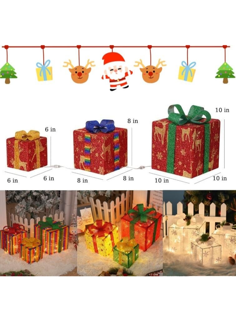AUTOYSUR Christmas Lighted Gift Boxes, Set of 3 Light Up Gift Boxes for Christmas Tree, Outdoor Lighted Xmas Decorations 8 Flashing Modes Present Boxes Xmas Lighted Outdoor Display (Rainbow) - Image 5