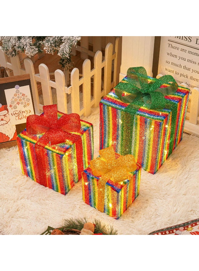 AUTOYSUR Christmas Lighted Gift Boxes, Set of 3 Light Up Gift Boxes for Christmas Tree, Outdoor Lighted Xmas Decorations 8 Flashing Modes Present Boxes Xmas Lighted Outdoor Display (Rainbow) - Image 1