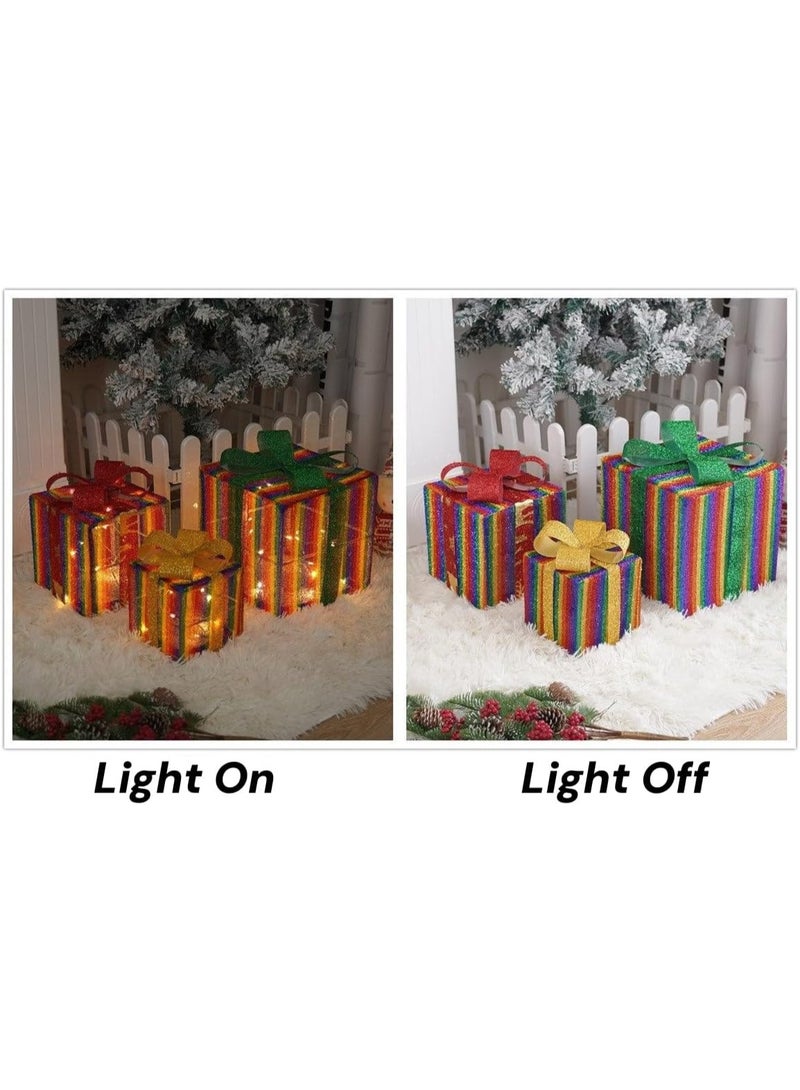AUTOYSUR Christmas Lighted Gift Boxes, Set of 3 Light Up Gift Boxes for Christmas Tree, Outdoor Lighted Xmas Decorations 8 Flashing Modes Present Boxes Xmas Lighted Outdoor Display (Rainbow) - Image 4