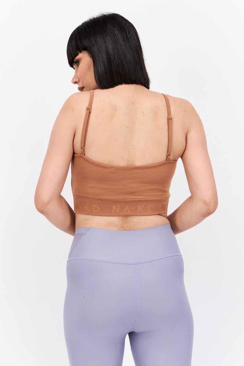 NA-KD Women Scoop Neck Sleeveless Brand Logo Crop Top, Brown - Image 2