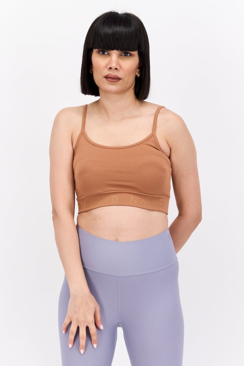 NA-KD Women Scoop Neck Sleeveless Brand Logo Crop Top, Brown - Image 1