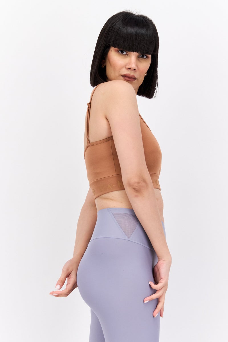 NA-KD Women Scoop Neck Sleeveless Brand Logo Crop Top, Brown - Image 3